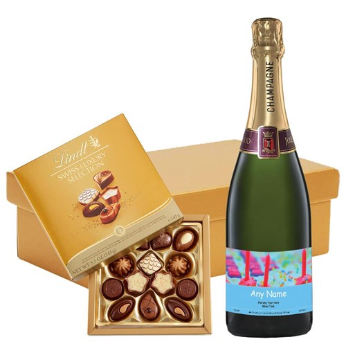 Personalised Champagne - Cake & Candles Label And Lindt Swiss Chocolates Hamper